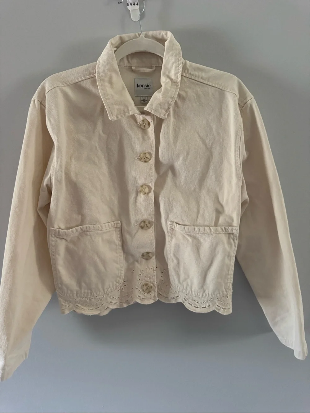 kensie Cream Eyelet-Hem Button Front Jacket